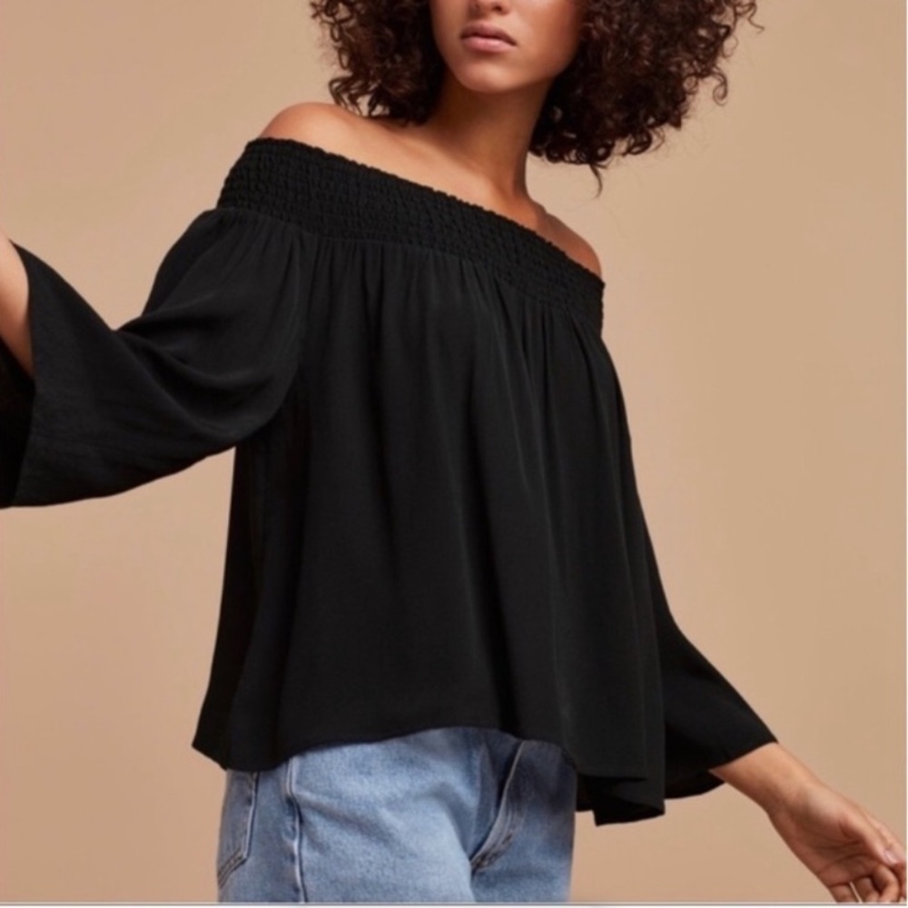 Aritzia Talula Marcilly Black Smocked Off Shoulder Blouse